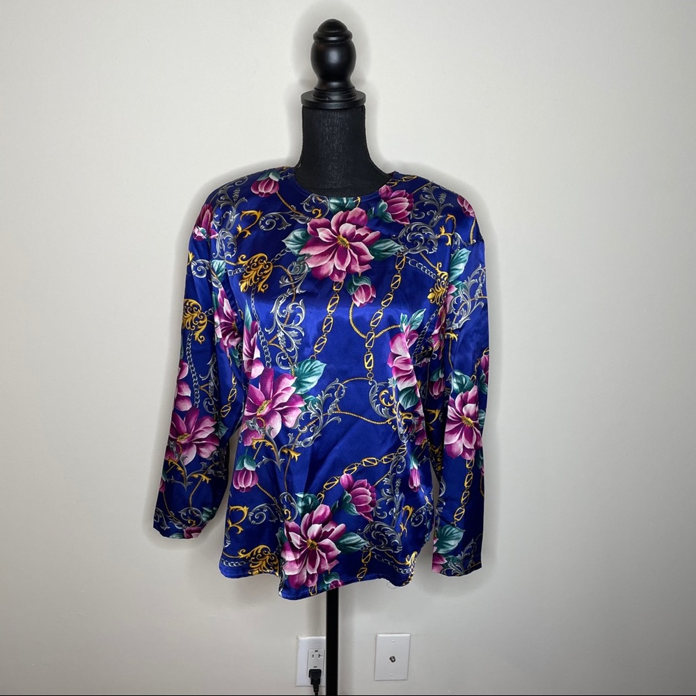 Liz Claiborne Satin Blue Floral Print Blouse - Picture 1 of 4